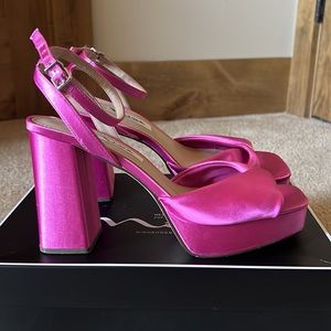 💖🎀 Nina Shoes Stacie WOMENS ULTRA PINK SATIN BLOCK HIGH-HEEL PLATFORM SANDAL